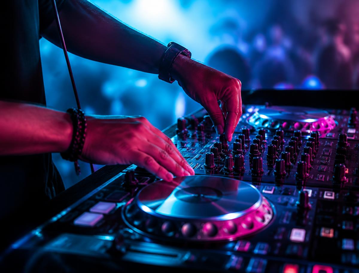 DJ hands mixing on professional decks